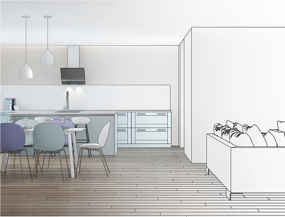 Digital wireframe of a kitchen floorplan